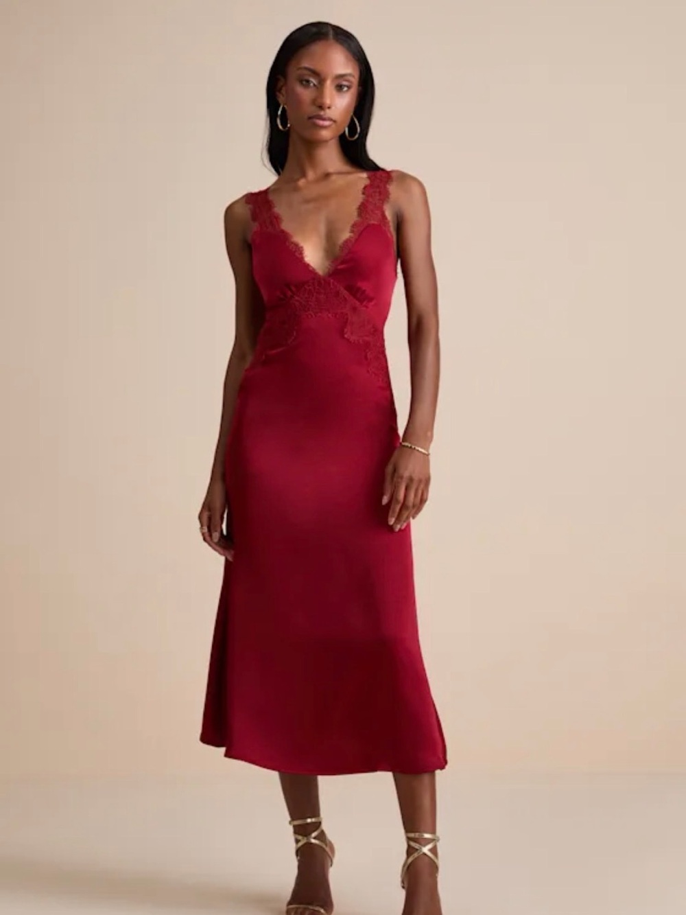 Lulu's Burgundy Lace-Trim Satin Slip Midi